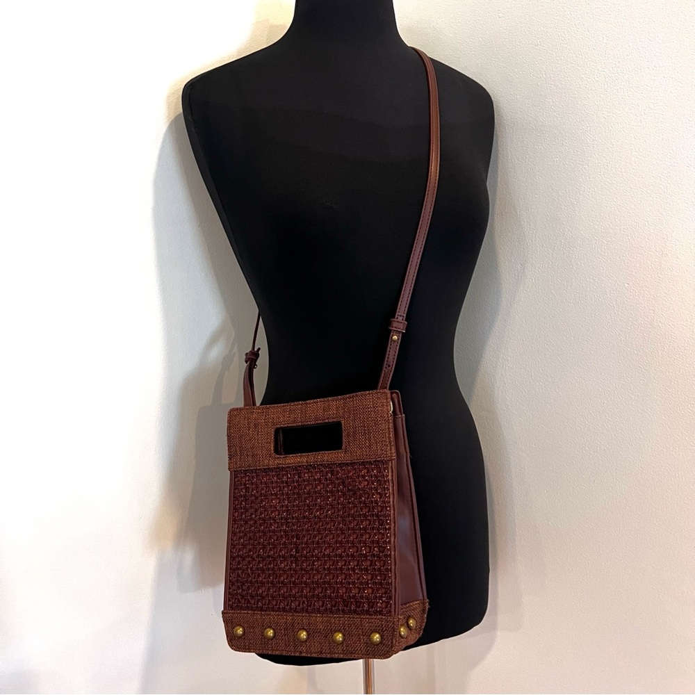Anthropologie Brown Woven Leather-Trim Crossbody with Stud Detail